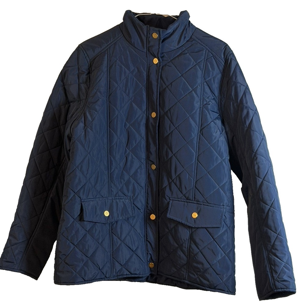Tory Burch Women's XL Navy Quilted Jacket Gold Logo Buttons Coat NWOT